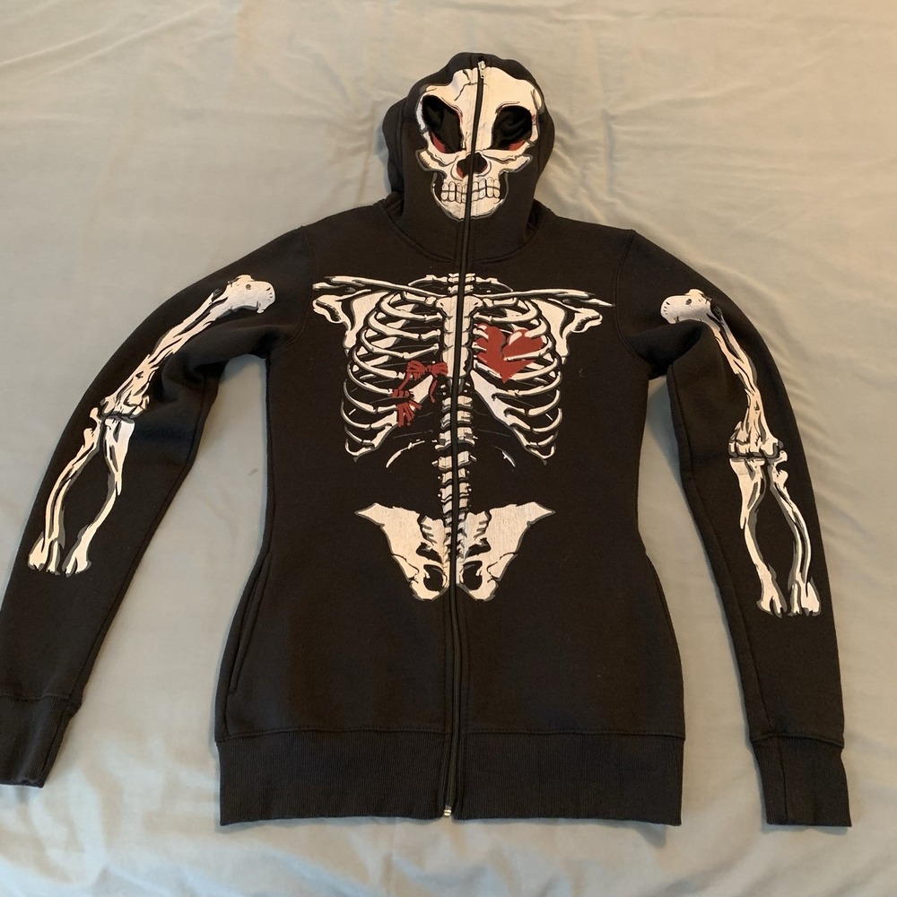 SkylineWears Hoodie Teens Large Black Skeleton Full Zip Skull Face Sweatshirt